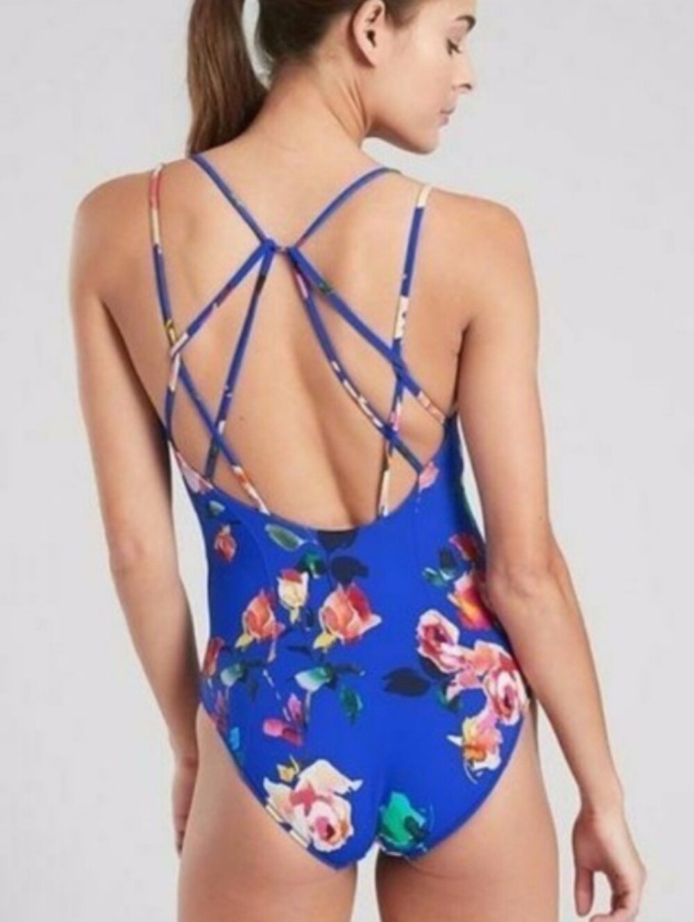 Athleta Cortes Blossom Strappy Blue Floral One Piece Swimsuit Size Large